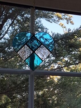 Handcrafted Teal and Clear Heart Stained Glass Suncatcher